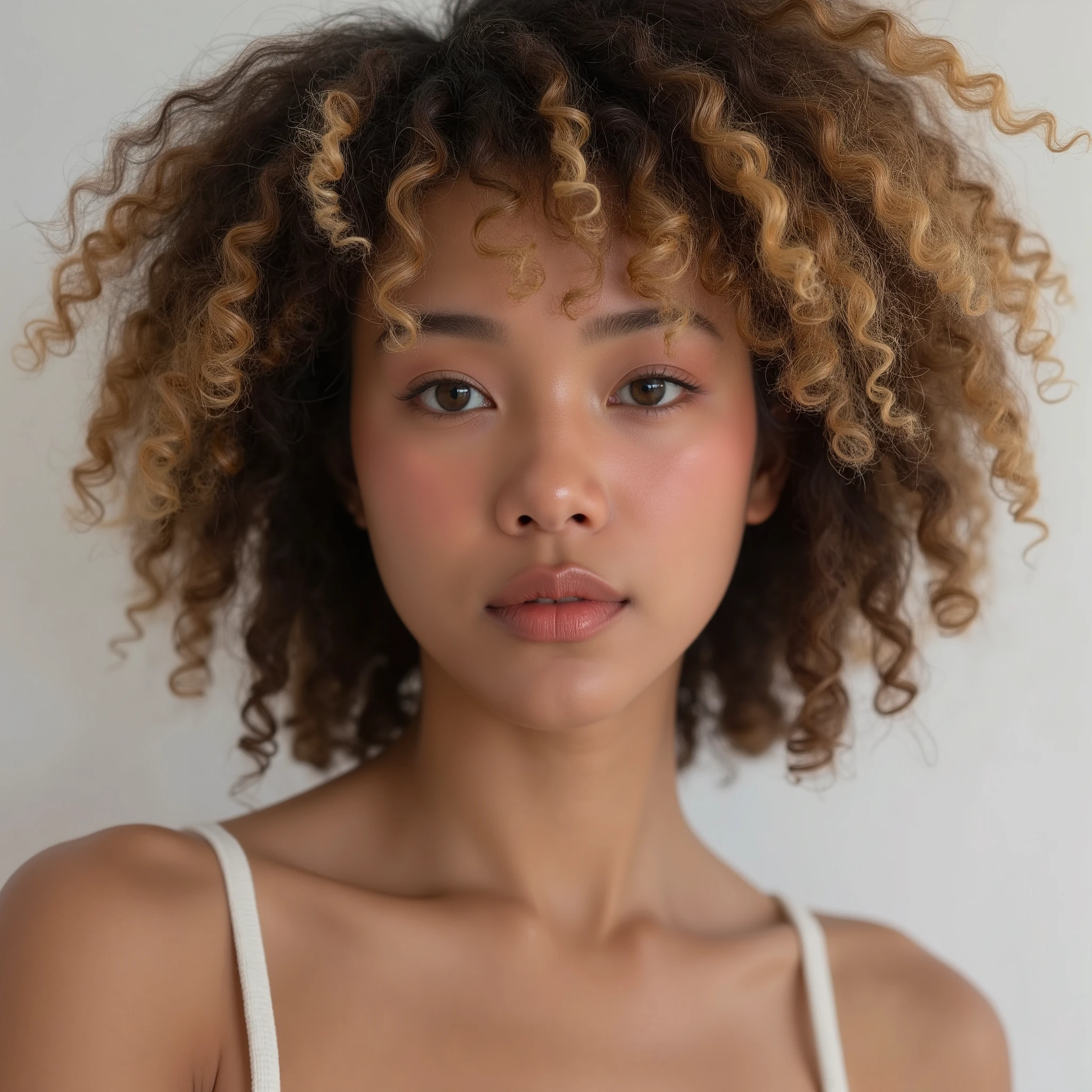 Korean-Japanese woman with beautiful facial features, natural blonde and afro hair and brown eyes
