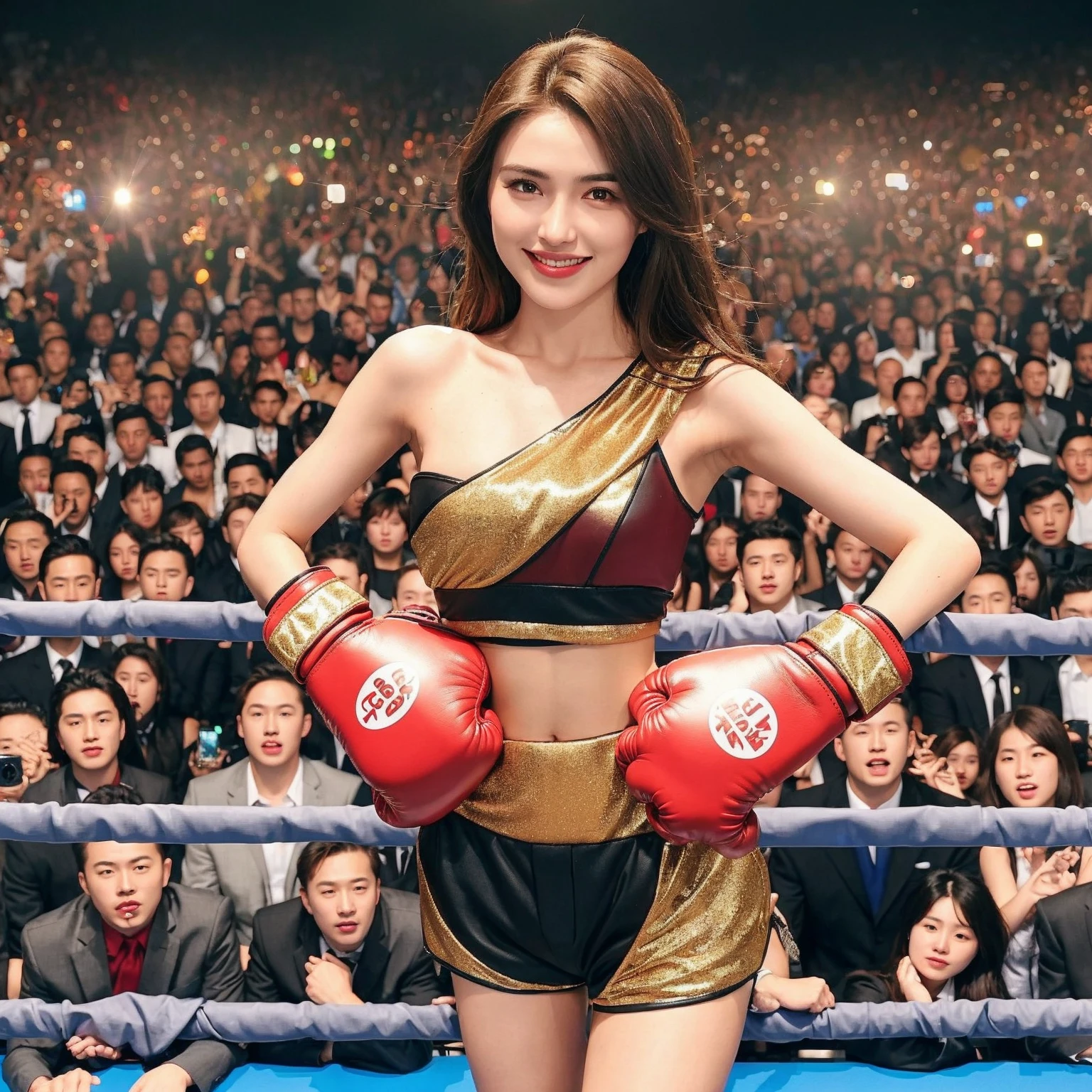 (highest quality、8k、High resolution、masterpiece:1.2)、likeくて非常に美しい女性、Big Breasts、like々New Appearance、Fine grain、Fine lips、Long eyelashes、Curly Hair、A radiant smile、Graceful posture、Vibrant personality、Fashionable clothing、(In combat)、(Punching at the camera:1.5)、(Put out your right hand and pull out your left hand)、(Quick Movement)、(Motion Blur Effect:1.5)、(looking at the camera:1.2)、(Body shining with sweat)、Soft and natural lighting、Bright colors、Warm tones