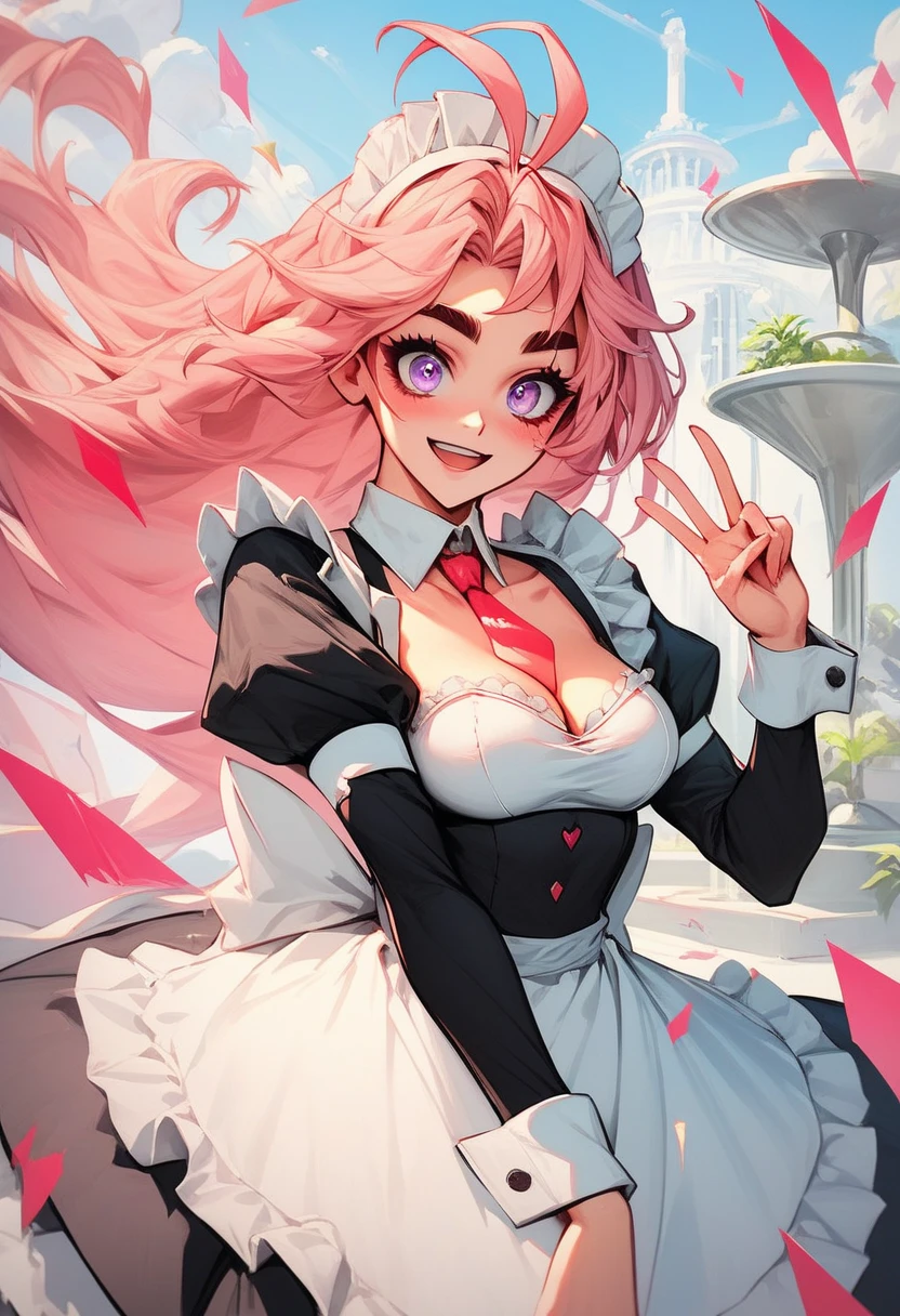 1girl,solo,happy face,teeth,white and black maid outfit,cleavage,normal tits,pink cat ears,light pink hair,mega twintail,green eyes,crouched,heart shaped hands