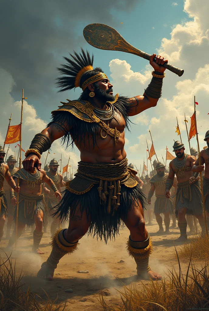 Aztec warrior, armed, whole body, war cry, with a skull in his raised hand and a shield in his lowered hand