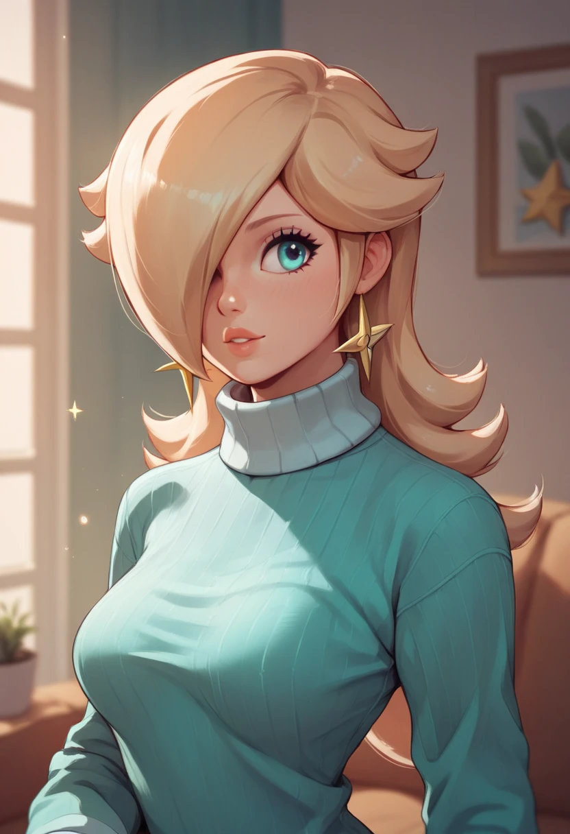 Rosalina was wear turtleneck, ribbed sweater, sweater dress, upper body, in living room 