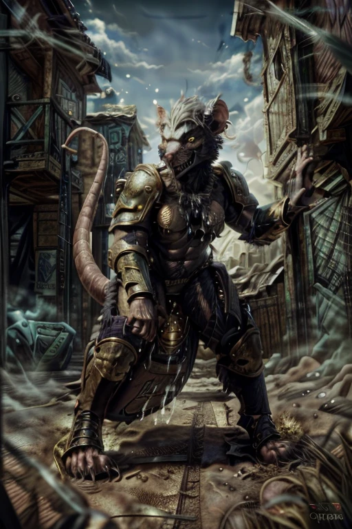 solo,anthro, rat, rodent, skaven, fluffy, safe, rat tail, hairy, warhammer fantasy, vermintide, front view, black body:1.3,masterpiece,highly detailed,8k resolution,solo,ultra detailed perfect piece,masterpiece,extremely detailed CG 8k,very fine 8K CG,best quality,absurdres,zoomed out view,full body view, full length portrait,((anthro)), 8k, 4k, 2k, detailed, intricate, (female), ((solo)), ((detailed fur)),Perfect Anatomy

Detailed background,a bright but desert likd wasteland in a battle field, in control of other skaven,zoomed out full body view,must be bright colors to see

Character a very tall Skaven female giantess standing at over 12ft tall being a towering figure being taller then a house,D cups,thick thighs,feminine massively over-muscled phyique with abs,muscular arms,muscular legs,short white hair in a bob cut,thick messy fur on the body,dark black fur only,golden yellow eyes,one one long pink rat tail,a pink nose on her snout,sharp fanged teeth on the muzzle,hands and feet being pink and rat like paws like with long and sharp claws for, she is smiling and confidently

She wears nothing but a space marine’s armor but with no helmet or gloves or boots,the armor is scavanged up and themed to fit for a skaven as a scavanges and forced to fit for a top and bottoms, the armor has an energy shield powered by the green glow of warpstone, the armor is black with the main color,red with the secondary color, with gold and silber timmongs

She has a Modified Storm Bolter in her left hand, a powerful flamethrower, and in her right hand lightning-infused blue steel axe with a blue lighting glow to it,with her armor having a green glowing rocks in it due to green rocks being embeded into the chest, stomach and shoulder armor areas

Must have black fur,as in jet black color for a pure black coat of fur,but not white fur with Space Marine themed armor

Also no watermarks at all

by personalami, by zephyxus, by darkgem, by null-ghost, skaven, MFBP1, Warhammer 40K