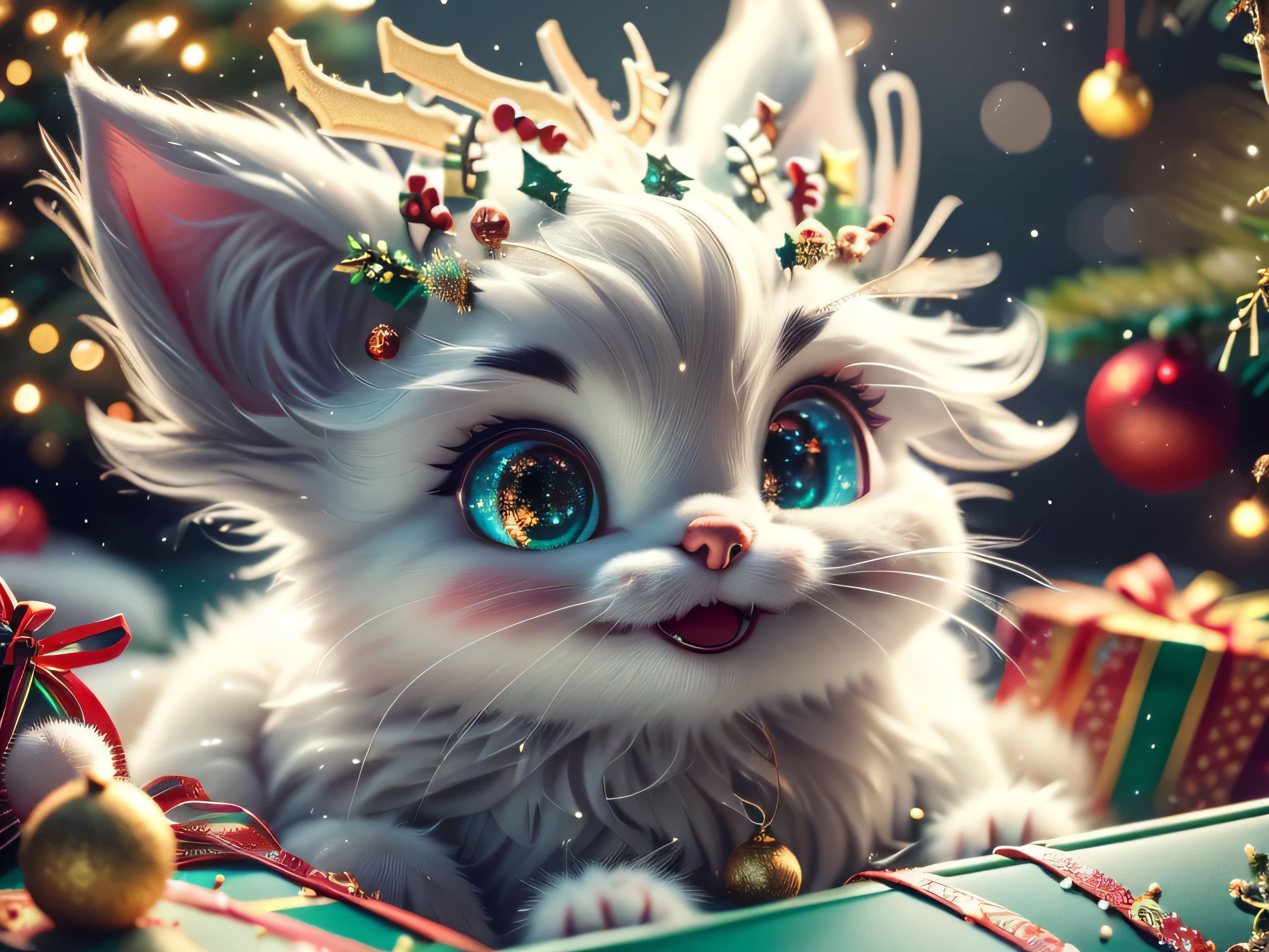 Magical Fantasy Creature (Best Quality, Masterpiece, Representative Work, Official Art, Professional, Super Detail, 8k:1.3), (Photorealism:1.2) A very cute cat, Big Eyes, Soft, Soft Nose, Fluffy, Two-Toothed Smile, nestles in a Christmas gift box. The cat should be clearly visible, his fluffy fur and playful gaze peeking out from under the brightly colored lid of the box. Around the box, arrange colorful festive wrapping paper with snowflake and tree patterns. In the background, add a beautifully decorated Christmas tree with twinkling lights and shiny ornaments. Include festive elements such as garlands, laid out presents, and snowflakes falling from the sky. Create a warm and cozy atmosphere that reflects the joy and magic of the Christmas season. Aurorastyle, Highly detailed Dynamic shot, high quality, beautiful masterpiece, fantasy creature, kawaii, digital art, glowing sparkles, Realistic, Beautiful, Stars in Eyes, Soft Volumetric Light, (Backlight:1.3), (Cinematic:1.2), Intricate Details, (ArtStation:1.3), --auto --s2