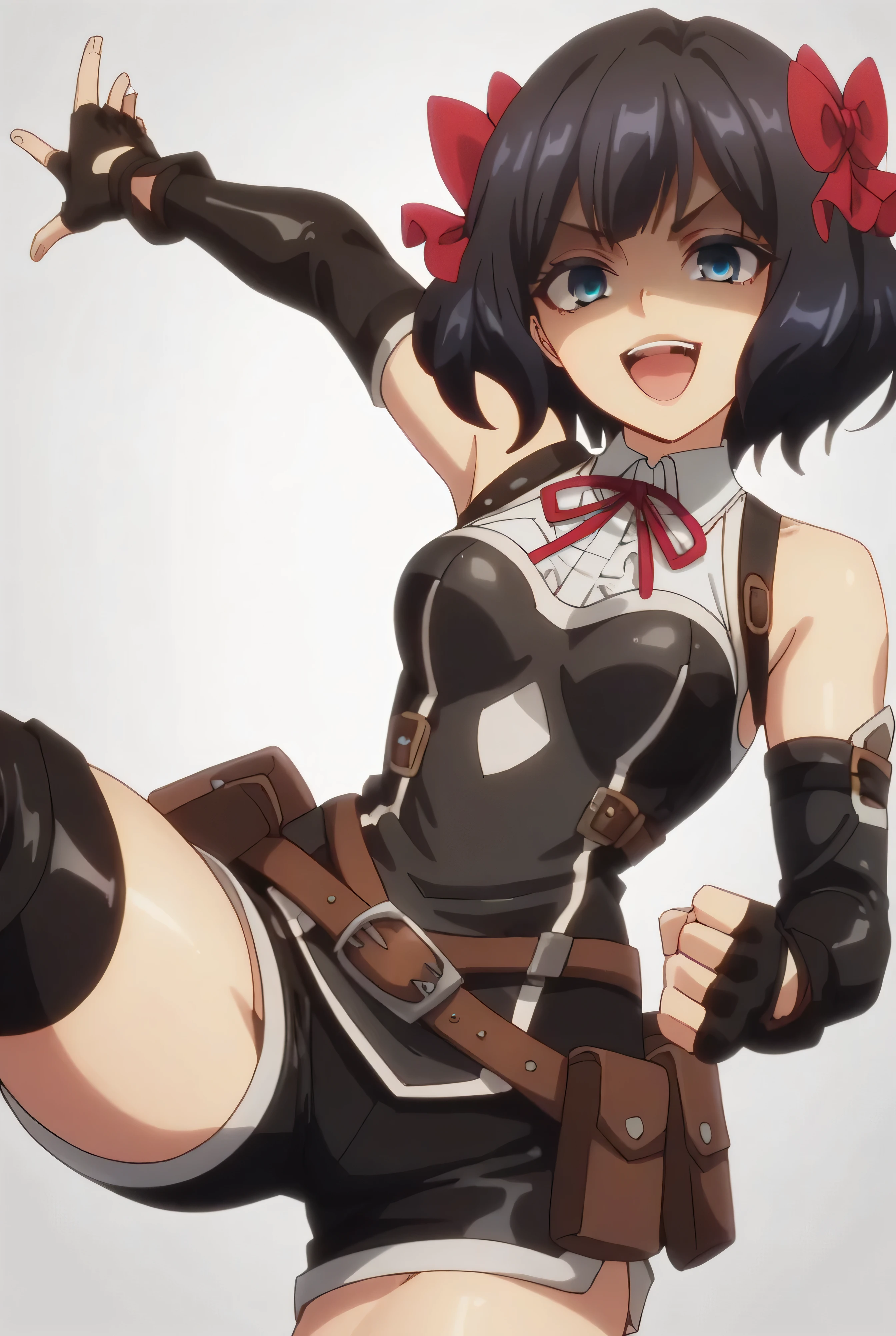 (score_9,score_8_up,score_7_up, ),TXWL_DN,1girl,Alone,black hair,fingerless gloves,thighhighs,blue eyes,short hair,black thighhighs,shade shaded face(eyes in shadow),,red ribbon,black gloves,hair bow,belt,detached sleeves,black latex shorts,belt pouch,cowboy_shot,,,shirt,shiny latex thighhigh_boots,evil laugh,,feet,,Devastation,kick,facing at viewer,leg up,