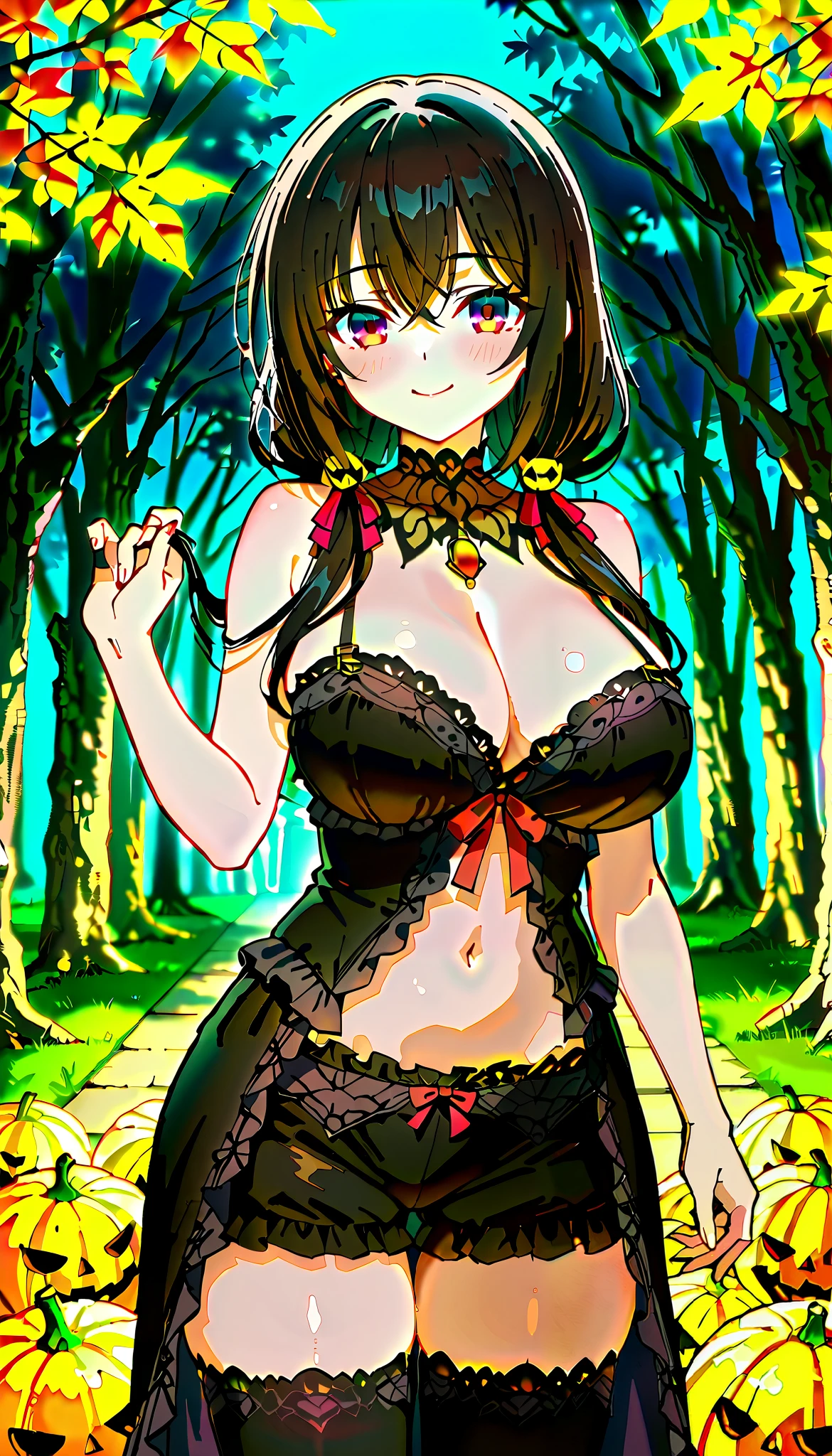  dazzling , intellectual and elegant ，alia, Kurumin Create a charming anime-style illustration of two beautiful women,with long white and black hair ,  dressed in very sexy Halloween lingerie . a big neckline ,  Big breasts  (2.3),  thick sexy thighs,  She's in a gently moonlit forest, surrounded by pumpkins and flowing autumn leaves .  The composition should focus on her striking features ,  with hair falling out elegantly over the shoulders . Use soft ,soft shadows, Enhancing the Mystical Atmosphere. Vibe de Halloween.  Incorporate intricate details into her costume ,  mood such as lace and shimmering fabrics ,  showing textures that contrast with the softness of her skin , pretty face,  mischievous smile  