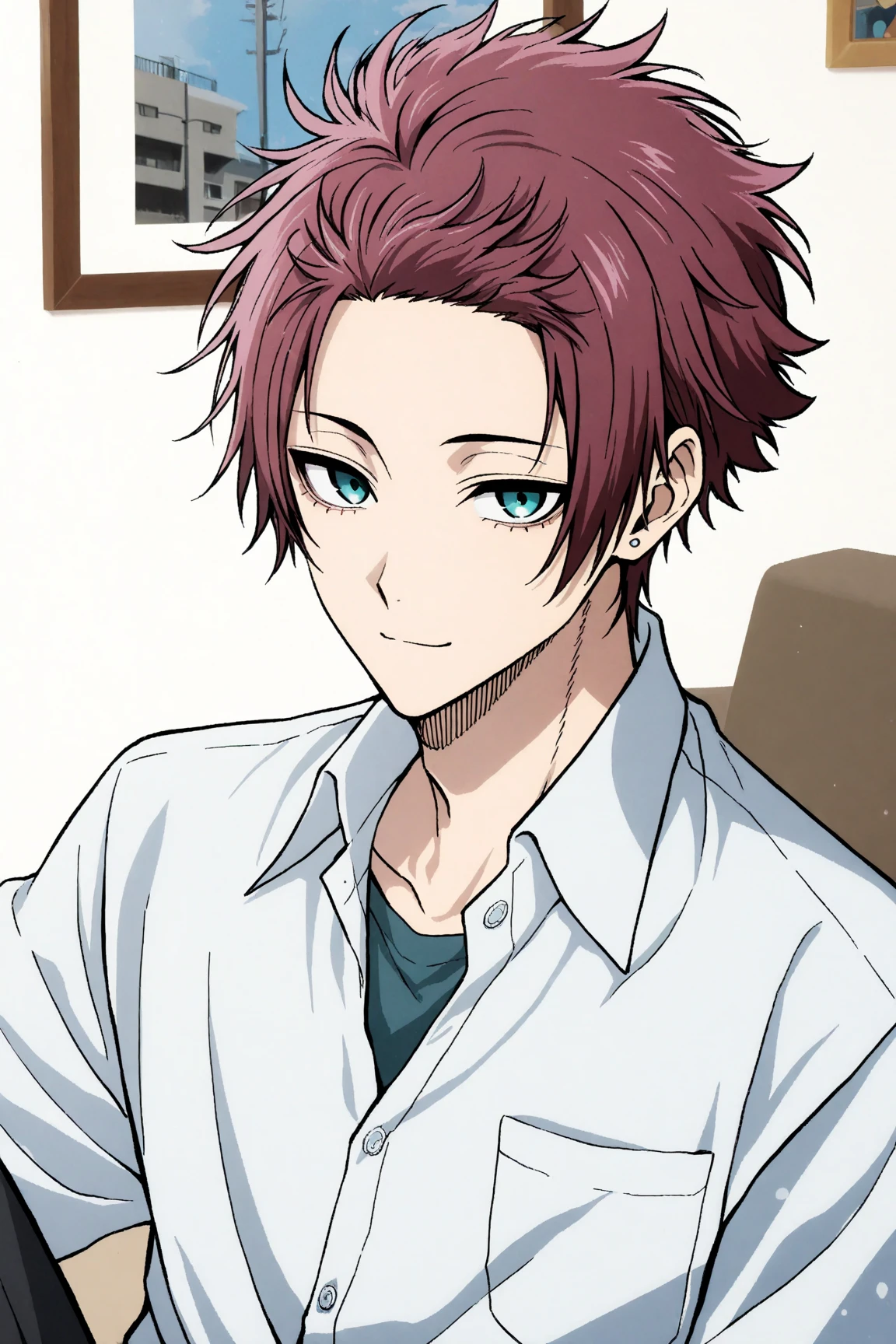 masterpiece, best quality, extremely detailed face and eyes, delicated features, male focus, 1boy, Itoshi Sae, Blue Lock, soft smile, short hair, magenta hair, teal eyes, sexy man, handsome, white buttoned shirt, solo, modern_bg, apartment, living room, TV