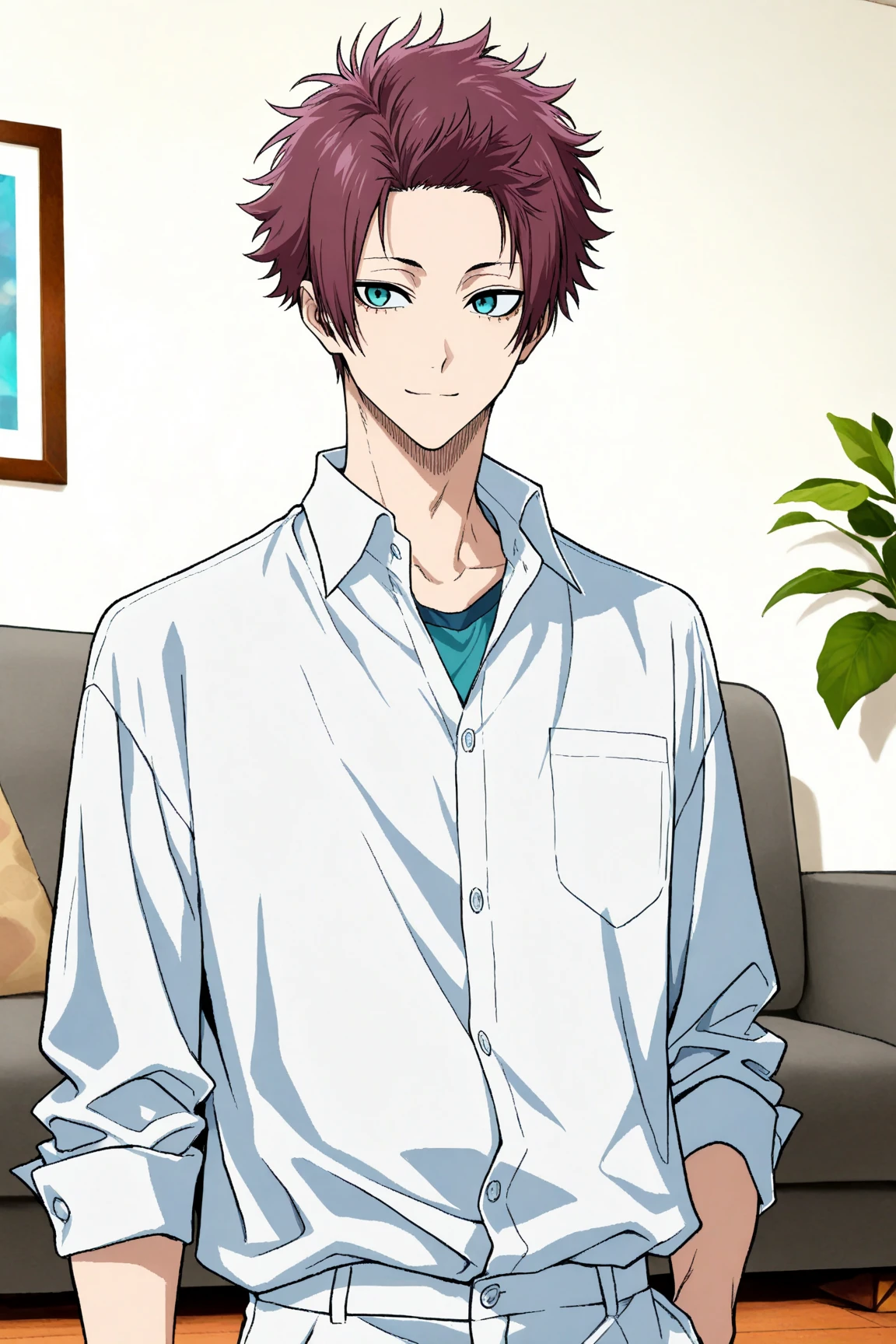 masterpiece, best quality, extremely detailed face and eyes, delicated features, male focus, 1boy, Itoshi Sae, Blue Lock, soft smile, short hair, magenta hair, teal eyes, sexy man, handsome, white buttoned shirt, solo, modern_bg, apartment, living room, TV