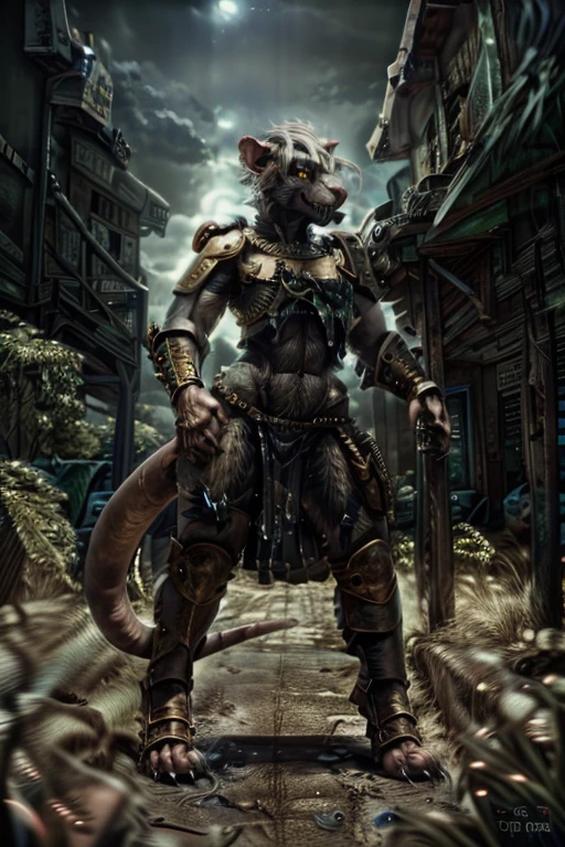 solo,anthro, rat, rodent, skaven, fluffy, safe, rat tail, hairy, warhammer fantasy, vermintide, front view, black body:1.3,masterpiece,highly detailed,8k resolution,solo,ultra detailed perfect piece,masterpiece,extremely detailed CG 8k,very fine 8K CG,best quality,absurdres,zoomed out view,full body view, full length portrait,((anthro)), 8k, 4k, 2k, detailed, intricate, (female), ((solo)), ((detailed fur)),Perfect Anatomy

Detailed background,a bright but desert likd wasteland in a battle field, in control of other skaven,zoomed out full body view,must be bright colors to see

Character a very tall Skaven female giantess standing at over 12ft tall being a towering figure being taller then a house,D cups,thick thighs,feminine massively over-muscled phyique with abs,muscular arms,muscular legs,short white hair in a bob cut,thick messy fur on the body,dark black fur only,golden yellow eyes,one one long pink rat tail,a pink nose on her snout,sharp fanged teeth on the muzzle,hands and feet being pink and rat like paws like with long and sharp claws for, she is smiling and confidently

She wears nothing but a space marine’s armor but with no helmet or gloves or boots,the armor is scavanged up and themed to fit for a skaven as a scavanged and forced to fit for a top and bottoms,the armor has an energy shield powered by the green glow of warpstone, the armor is black with the main color,red with the secondary colors, with gold and silver timmings

She has a Modified Storm Bolter in her left hand, a powerful flamethrower, and in her right hand lightning-infused blue steel axe with a blue lighting glow to it,with her armor having a green glowing rocks in it due to green rocks being embeded into the chest, stomach and shoulder armor areas

Must have black fur,as in jet black color for a pure black coat of fur,but not white fur with Space Marine themed armor

Also no watermarks at all

by personalami, by zephyxus, by darkgem, by null-ghost, skaven, MFBP1, Warhammer 40K