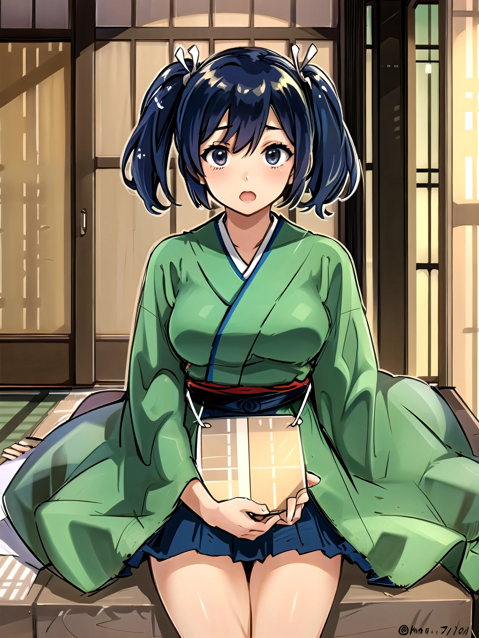 souryuuKC, twintails, hair ribbon, kimono, hakama short skirt, green kimono, green hakam