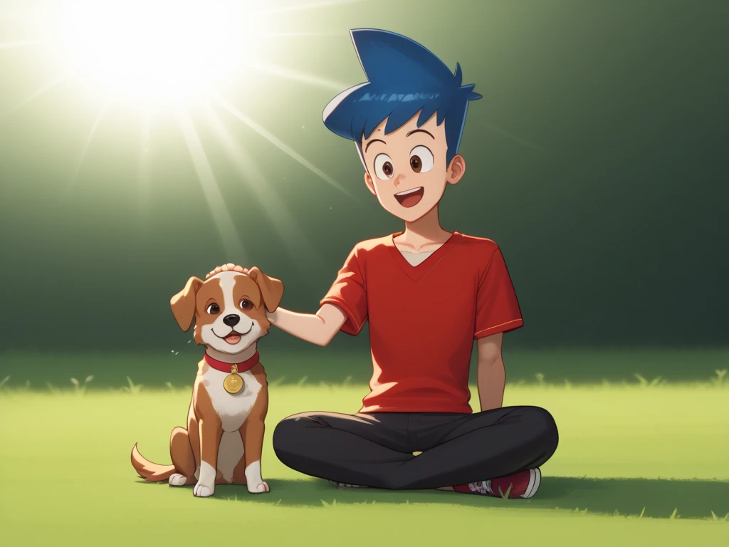 score_9, score_8, score_7, BREAK, penny,  brown hair, short hair, brown eyes, female , sitting in grass, petting dog, dog, bolt, open smile. score_7_up, BREAK, source_cartoon,  1boy, solo, Blake, blue hair, black eyes, red shirt,  black pants, cowboy shot, rim light, light rays, gradient background, notice lines,