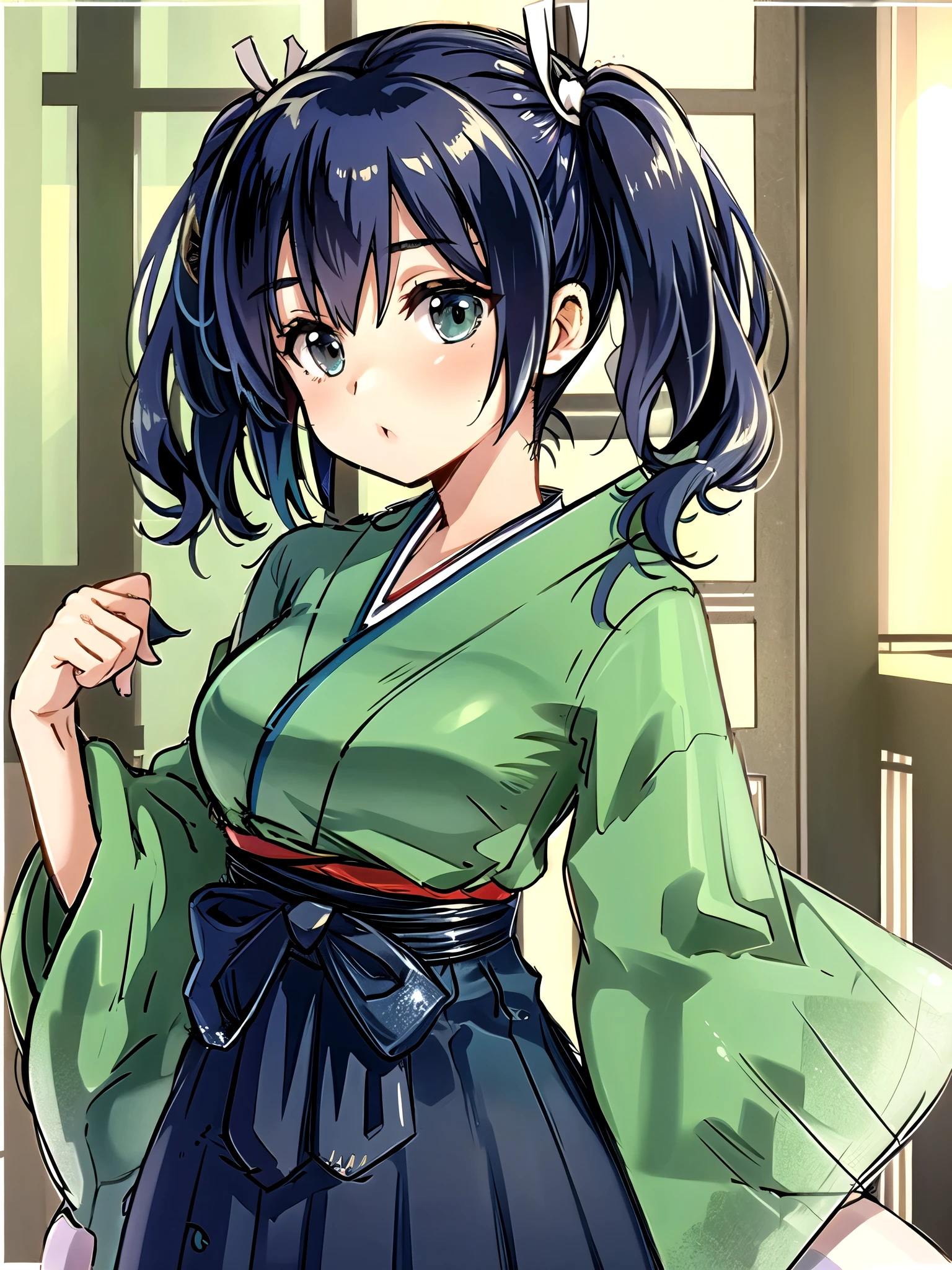 souryuuKC, twintails, hair ribbon, kimono, hakama short skirt, green kimono, green hakam