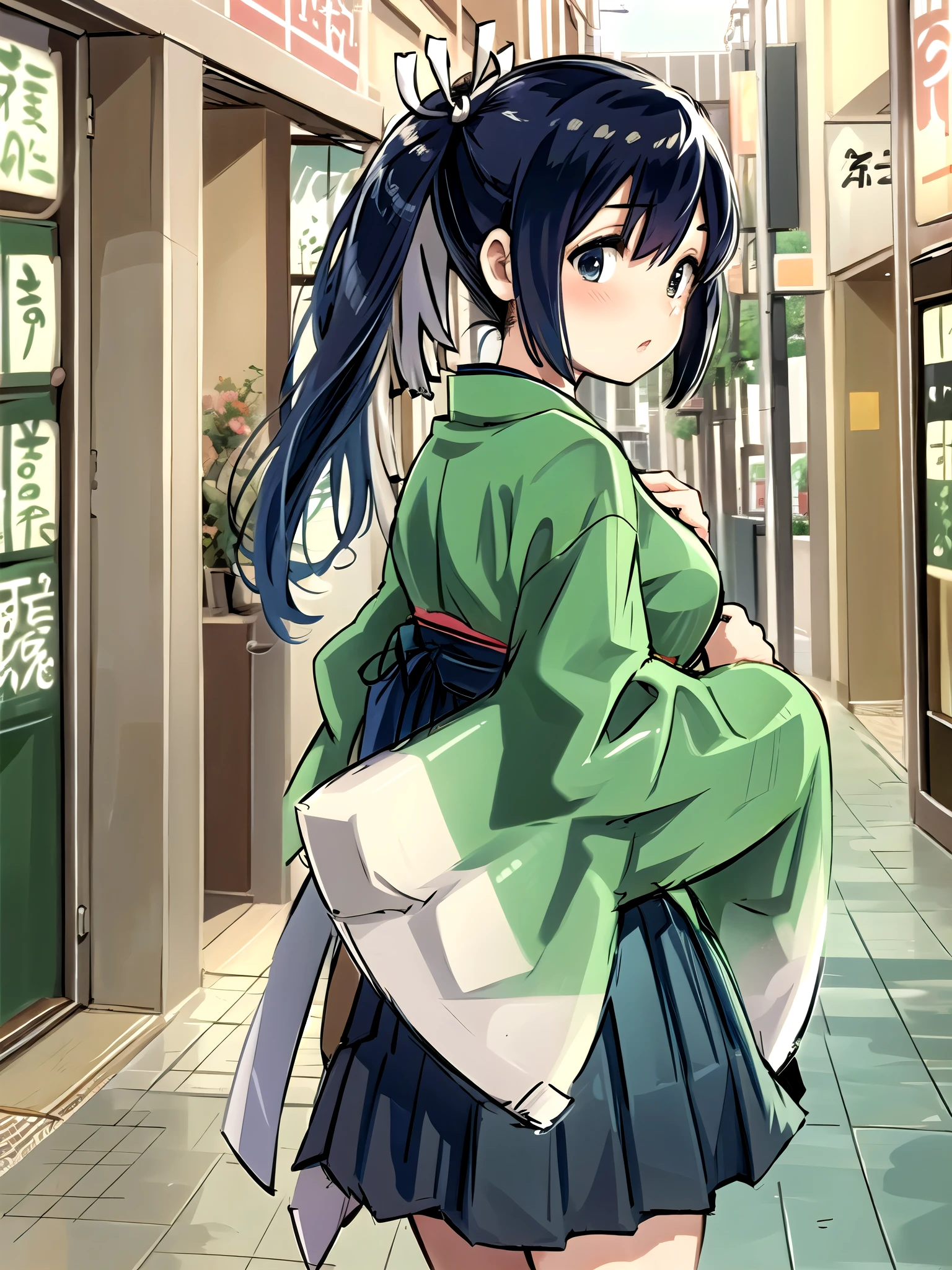 souryuuKC, twintails, hair ribbon, kimono, hakama short skirt, green kimono, green hakam