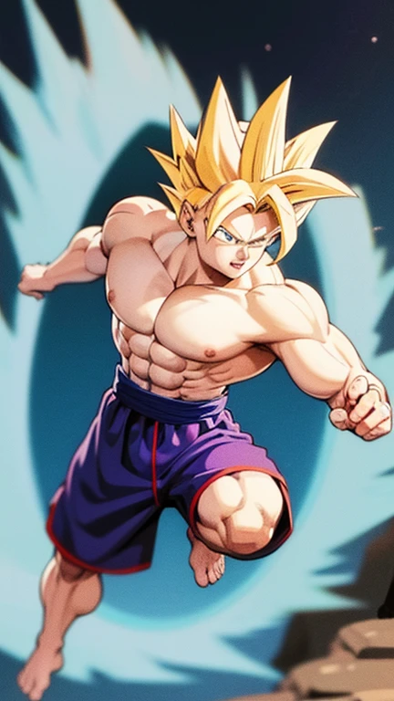 (A detailed drawing of gohan , Bodybuilding-Fitnessstudio.), With a naked torso, Ripping clothes, shorts, slip, the strongest of all, huge muscular body, big Bizeps, big shoulders, Muscle legs,abs, Barefoot, Martial arts, score_9, score_8_up, score_7_up, source_anime, solo, muscular, looking at viewer, barefoot, Full Body Image , barefoot, soles of feet visible, feet sweating and steaming, vista head on, karate fight, kamehame ha attack. head on, wooden cabin background, view from below