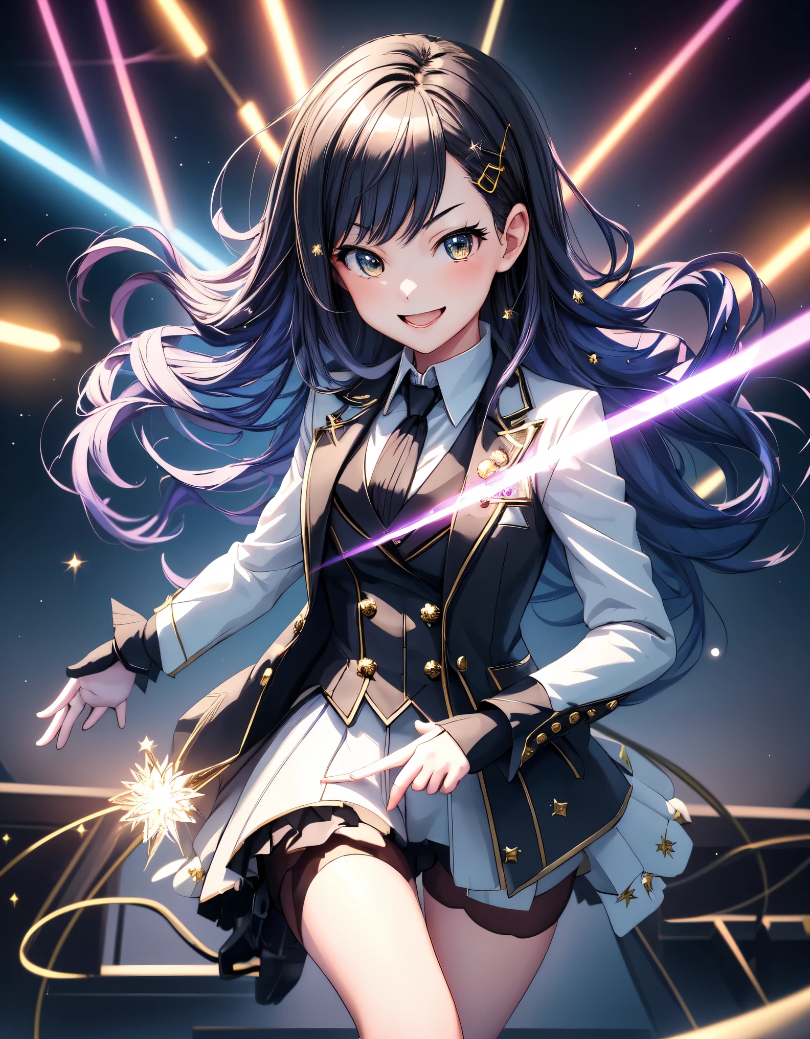 1girl, High Resolution, Solo, Shiraishi An as a magician,  tuxedo, leotard, bare legs, high heels, wrist gloves, smile, casting a spell, magic, looking at viewer, long hair, Depth Of Field, Diffraction Spikes, light particles, stage, warm lighting, color atmosphere