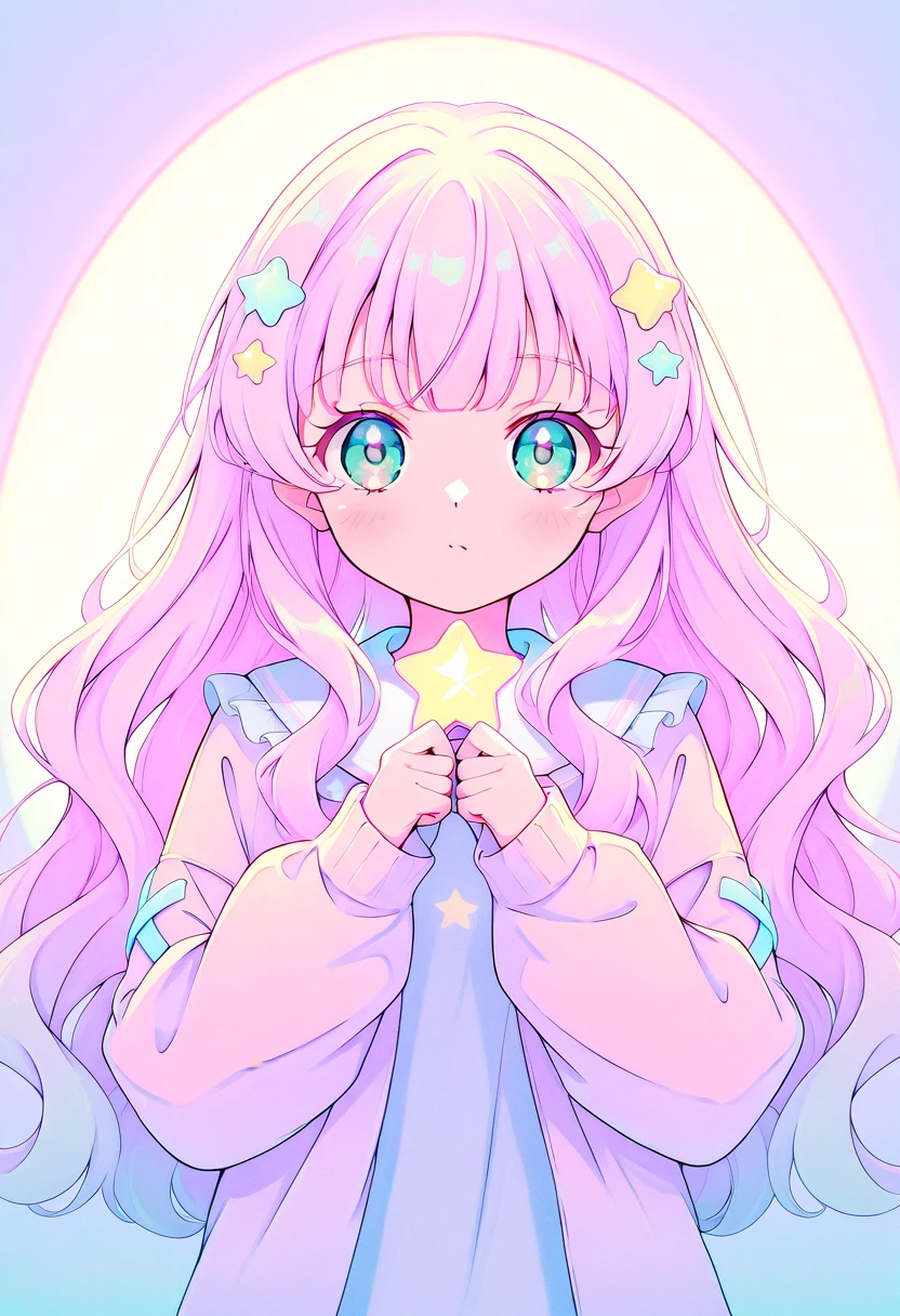 neon, score_9_climb, score_8_climb, score_7_climb, score_6_climb, pastel colors, star , (mark), star hair accessories, hair accessories, pastel neon lighting, source_anime, neon, neon theme ,  cute girl , long hair, pretty wavy hair, pretty pastel colored eyes 