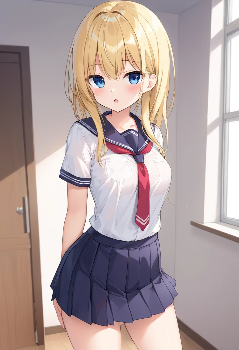 (sfw), 1girl, blush, smile, cowboy shot, dynamic angle, arms behind back, small breasts, looking_at_viewer, school_uniform, shirt, skirt, <hypernet:endou_hiroto:1>