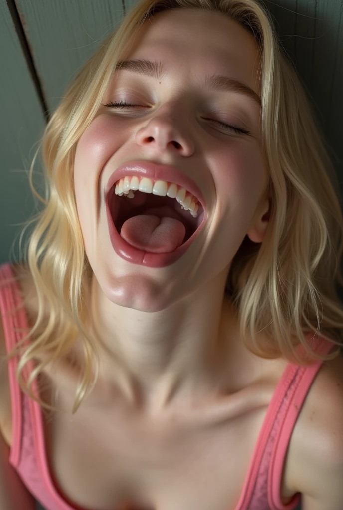 Closeup of a female young Elle Fanning's face, ((Elle Fanning)), actress Elle Fanning when she as 16 yeas old, mouth very wide open and smiling, eyes opened, long blond messy hair, mouth full of milk, dropping milk from her mouth, with milk in her mouth and on her face, with milk on her breasts, she's wearing a sexy pink micro bandeau bra, extreme skin detail, photorealistic, 8k, wallpaper, kneeling on floor, viewed from above, ultra realistic, 8k,