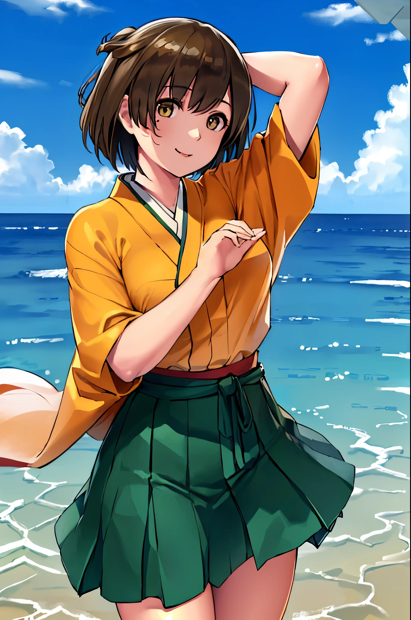 (masterpiece), ( top quality ), ( ultra detail ),  photorealistic, (Best illustrations), ( Extremely Delicate and Beautiful ), One girl , Hiryu KC ,  orange kimono, one side up,  brown eyes, Brown Hair,  green hakama ,   Hakama Short Skirt , [Arms stretched out::0.35], smile,  cowboy shot,  detailed landscape ,  ocean,  horizon ,  blue sky,,  facing forward, [:( peace sign):0.35], [:( put your hands in your own hair ):0.35] very beautiful eyes、 very beautiful face 、 very elaborate body 、Extremely sensitive skin, A very elaborate hair ornament ,  accurately shaped body and hands