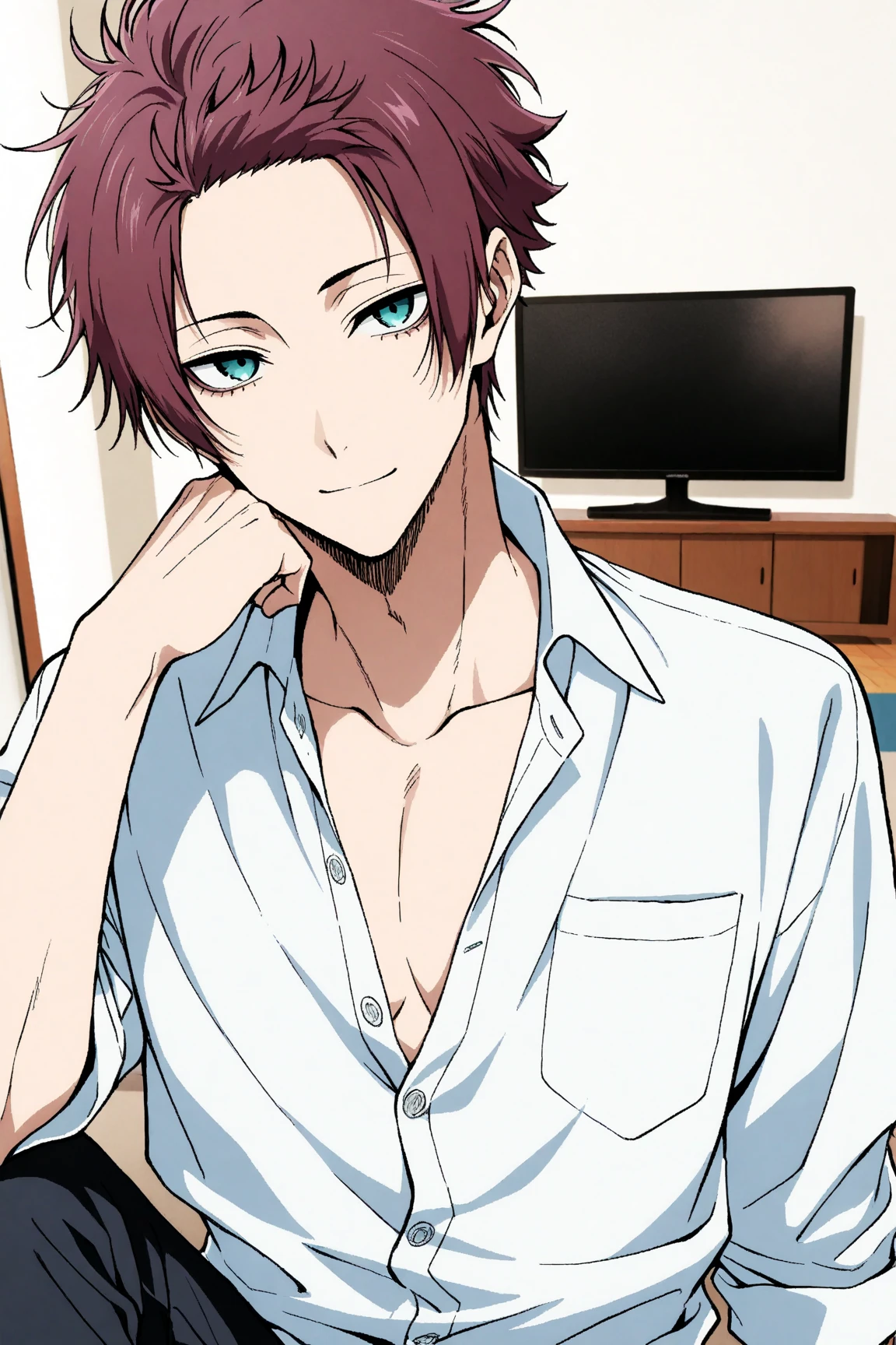 masterpiece, best quality, extremely detailed face and eyes, delicated features, male focus, 1boy, Itoshi Sae, Blue Lock, soft smile, short hair, magenta hair, teal eyes, sexy man, handsome, white unbuttoned shirt, solo, modern_bg, apartment, living room, TV