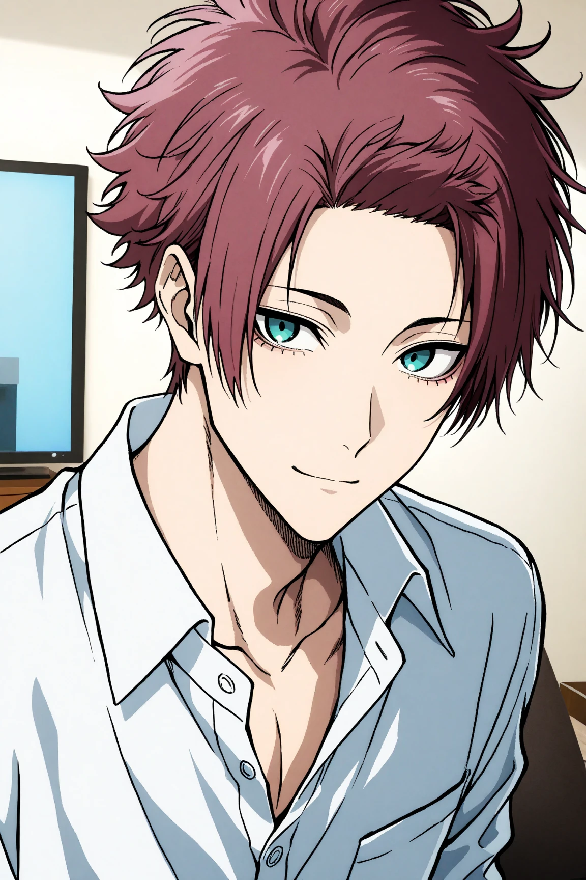 masterpiece, best quality, extremely detailed face and eyes, delicated features, male focus, 1boy, Itoshi Sae, Blue Lock, soft smile, short hair, magenta hair, teal eyes, sexy man, handsome, white unbuttoned shirt, solo, modern_bg, apartment, living room, TV