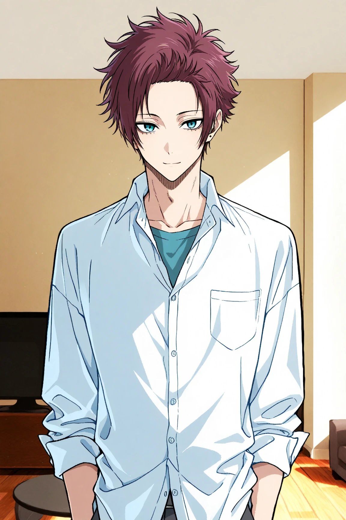 masterpiece, best quality, extremely detailed face and eyes, delicated features, male focus, 1boy, Itoshi Sae, Blue Lock, soft smile, short hair, magenta hair, teal eyes, sexy man, handsome, white unbuttoned shirt, solo, modern_bg, apartment, living room, TV