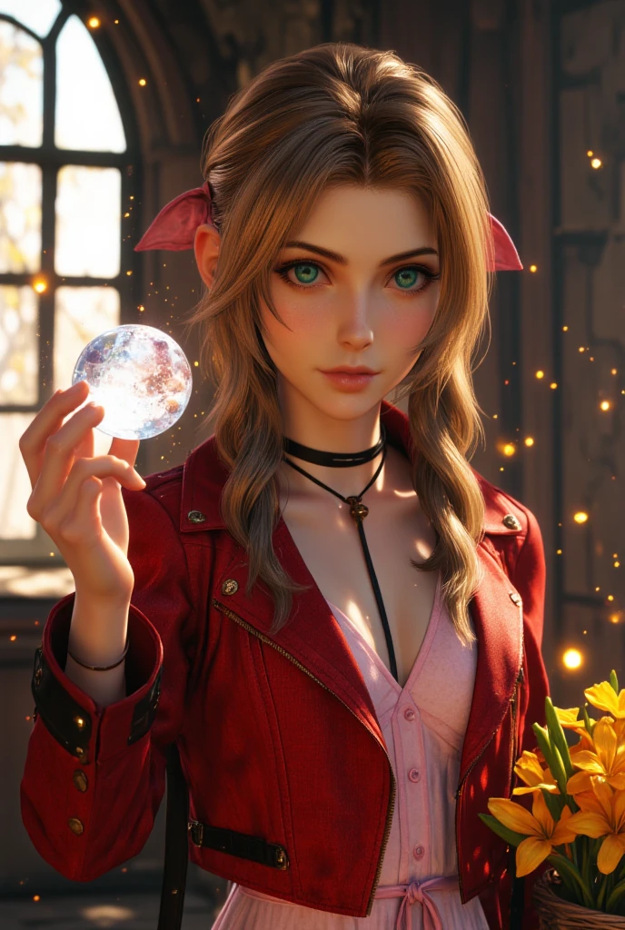 Cinematic film still. close up. upper body portrait. Professional. real life. photorealistic. Aerith is a woman wearing a Short red jacket, pink long dress. She is holding a small transparent glowing white crystal sphere in her hand between her thumb and index finger carrying a basket of yellow lilies on the other hand. The glowing crystal sphere is illuminating her face and tiny glowing dust particles are spreading from it. freckles on her skin. skin pores visible. detailed skin texture. detailed fabric textures. She inside a dusty abandoned interior with wooden finishes. Glass windows with sunlight coming through in the background. back light. Epic. Cinematic. photorealistic. Hi-res. 8k. volumetric lighting. super detailed eyes. super detailed face. atmospheric lighting. sun dust. sun beams. volumetric lighting. shadows. moody. suspenseful. 