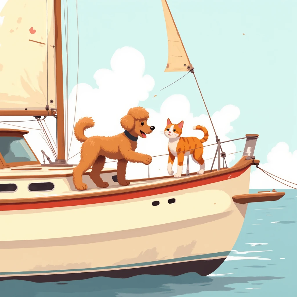 Flat detail of a poodle dog and two cats playing on the deck of a sailboat is cream-colored,  with a red stripe on the top of the bow, Sunny day, calm sea, alta definición
