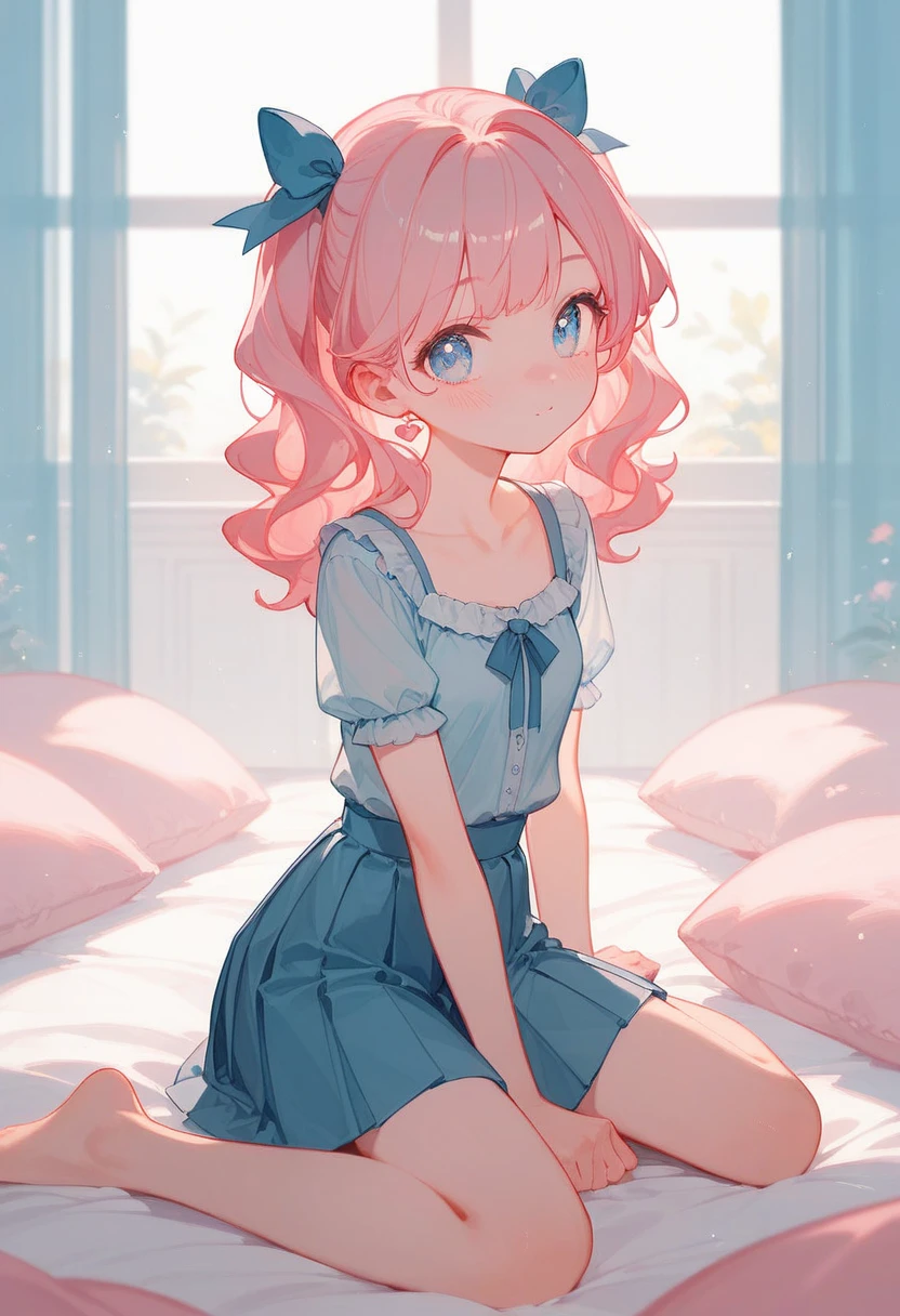 (masterpiece), best quality, highres, ultra-detailed, pastel colors, Girl with long semi-wavy pink hair, tender and bright light blue eyes, Small breasts, adorable blush, adorable face, sitting on the edge of a bed with pink sheets, cute room, dressed in a small light blue pleated skirt and a blouse with ruffles and ribbon.

