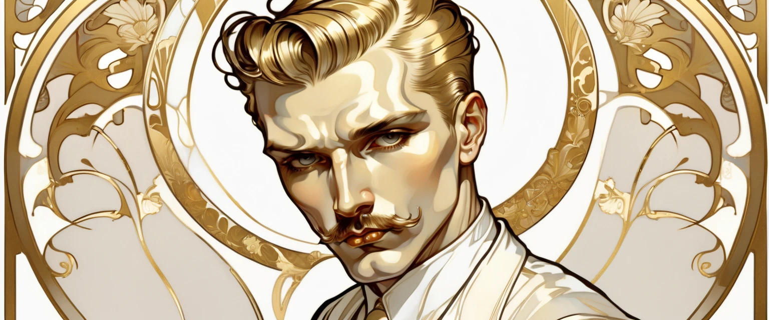 ccxl-mucha,elegant men,RUDE, Art style, gold and wite, retrato,elegant,short hair slicked back,rude face