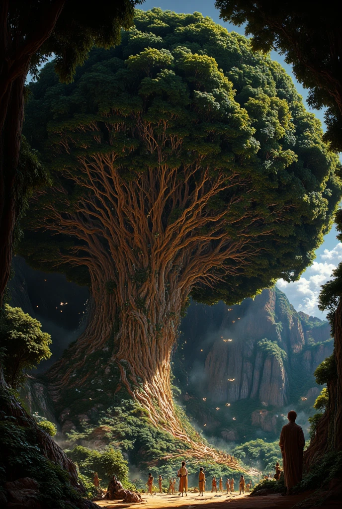 An incredibly detailed illustration of a majestic banyan tree from an ant's perspective, showcasing its sprawling roots, thick, gnarled trunk, and cascading aerial prop roots. The view emphasizes the towering height of the tree, with its dense canopy of vibrant green leaves creating a dappled play of light and shadow. The intricate textures of the bark, moss-covered roots, and small natural details like ants crawling on the bark and sunlight streaming through the leaves add realism. The atmosphere is serene and awe-inspiring, evoking a sense of nature's grandeur and scale.