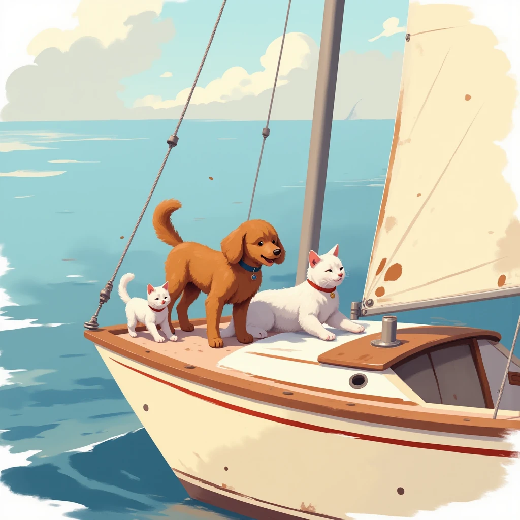 Flat detail of a brown-colored poodle dog with white and two cats playing on the deck of a sailboat is cream-colored,  with a red stripe on the top of the bow, Sunny day, calm sea, alta definición
