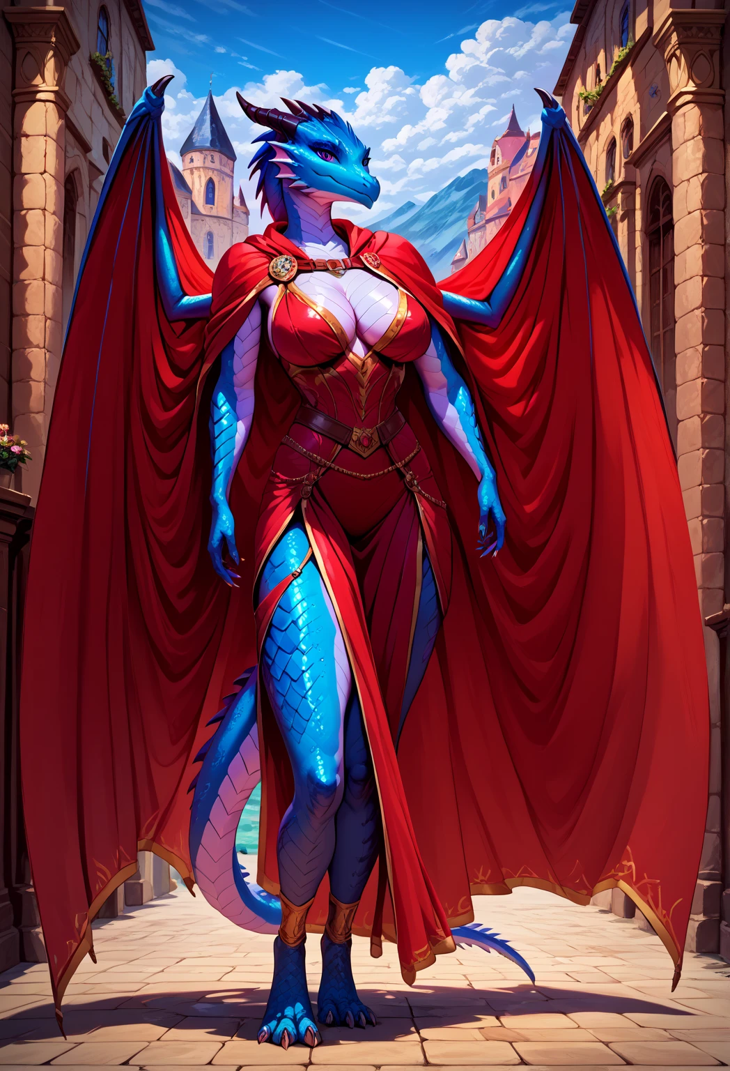  The anime image shows a girl with large breasts,she is wearing a cape , she has wings in the back like a dragon and horns like a dragon ,  hands all covered in blue dragon scales and pointed claws,there are many gold chests in the back ,  pupils like a dragon , cute full-length appearance.Blue scales  ( DragonZoey's romantic atmosphere , Female Dragon,  wall ,  detailed background , 4K,  masterpiece fails,  top quality, very detailed,  realistic, снизу текст ' WOW a dragon money'