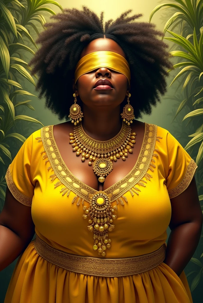 Woman between 40 and 45 years old, with Cuban descent, of mixed race, and chubby, with her curly yellow hair, with a yellow dress and yellow turban. Let it be noted that it is from the Yoruba religion, with bracelets and rings, I want a decoration of seashells and skulls. 