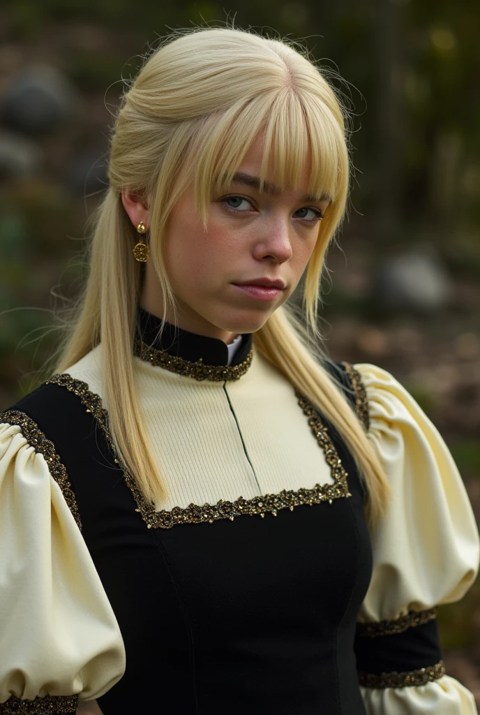 Milly Alcock,blonde ponytail with namgs, wears her hair down, reaching several inches past her collarbone Her bangs are worn short and parted, with most of it swooping over her right eye and several strands swooping over her left eye. She also has longer strands of hair from her bangs that frame her face,dress features a ribbed, cream colored chest piece, framed in black fabric. The cuffs of the dress are also in the same cream color. Her upper sleeves are puffy and are also held by a belted, black fabric,fantasy style