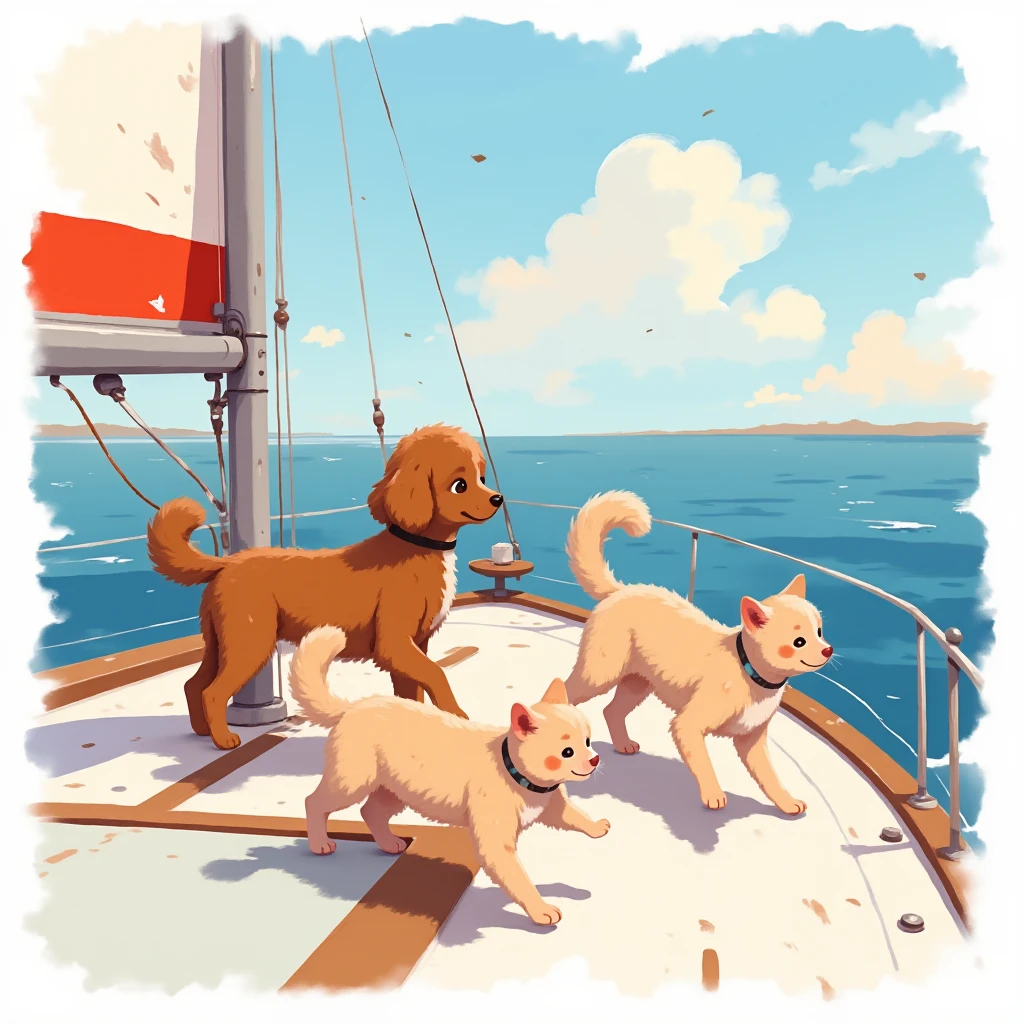 Flat detail of a brown poodle dog with white ,   two cats playing on the deck of a sailboat is cream-colored,  with a red stripe on the top of the bow, Sunny day, calm sea, alta definición
