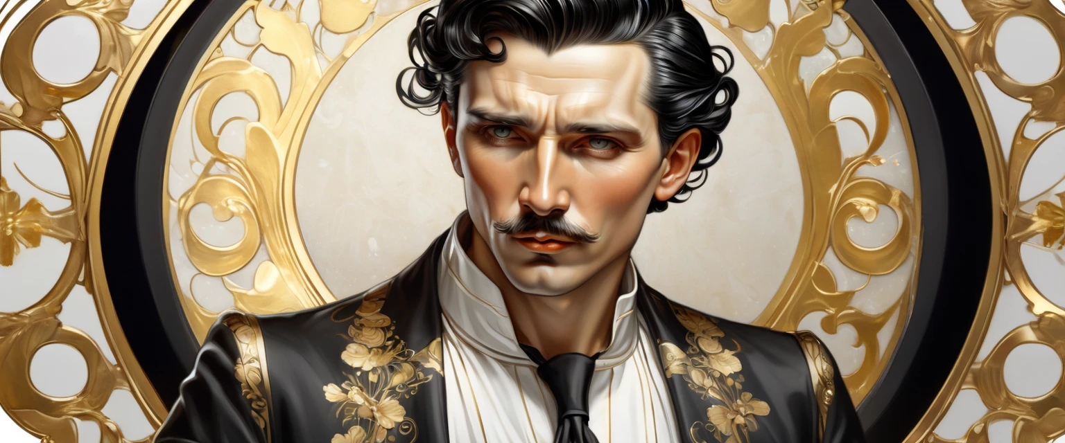 ccxl-mucha,A rude man with short slicked back black hair, elegant portrait, gold and white art style, (best quality,4k,8k,highres,masterpiece:1.2),ultra-detailed,(realistic,photorealistic,photo-realistic:1.37),HDR,UHD,studio lighting,ultra-fine painting,sharp focus,physically-based rendering,extreme detail description,professional,vivid colors,bokeh