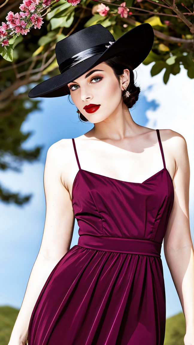  a breathtaking masterpiece of a woman standing gracefully in a long, flowing red dress. The dress is detailed and elegant, featuring a modest neckline that enhances her beauty while maintaining an air of sophistication. She wears a wide-brimmed black hat, adding to her charm. Her makeup includes glamorous white lipstick that complements her pale complexion. Surround her with a magical background filled with vibrant flowers, creating a natural and enchanting atmosphere. The artwork should reflect the style of Patrick Nagel, showcasing highly detailed features, including her expressive eyes and delicate facial structure, along with a soft smile that evokes breathtaking beauty inspired by the 1940s. Aim for a high-quality, award-winning look with a focus on realism and beauty, presented in 8K resolution.