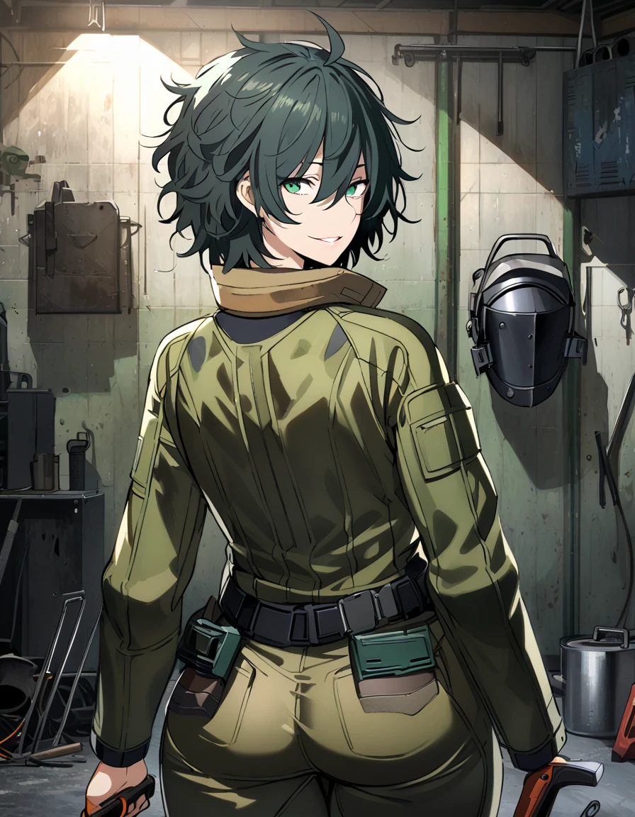 mature, looking at viewer, female, garage background, messy hair, short hair, parted lips, hair between eyes, ahoge, smile, standing, from behind, green eyes, body suit, belt with tools, raised welding mask