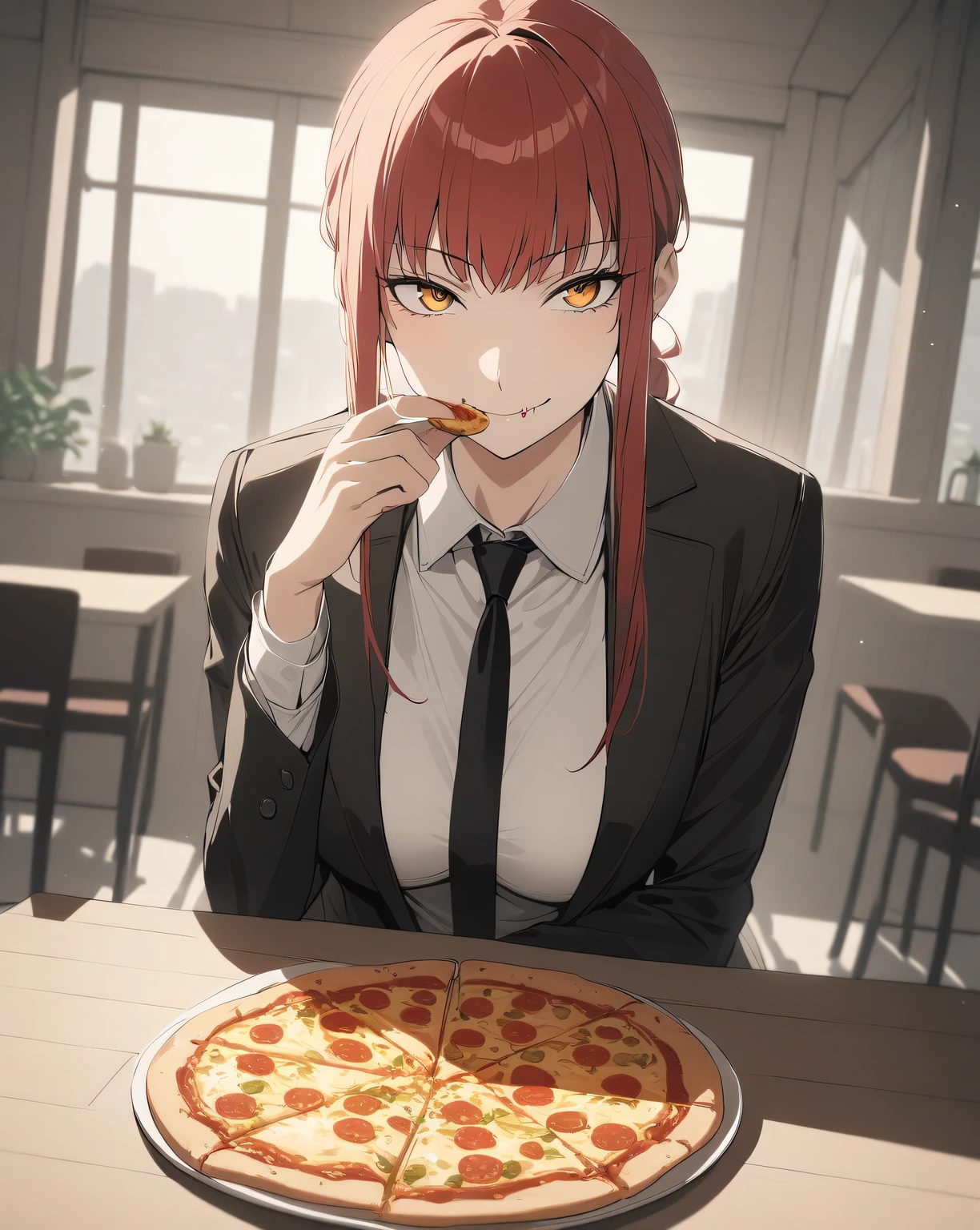 1girl, solo, long hair, breasts, looking at viewer, smile, bangs, shirt, closed mouth, standing, jacket, yellow eyes, white shirt, braid, sidelocks, red hair, necktie, collared shirt, pants, indoors, coat, black jacket, black pants, formal, suit, black necktie, braided ponytail, black coat, sitting, looking at viewer, eating, pizza, plate, table, chair, table, kitchen background, dinner room background, cinematic angle, cinematic lighting, masterpiece, best quality, wears white bra, white bikini, tight bikini, evil cute smile, evil smile