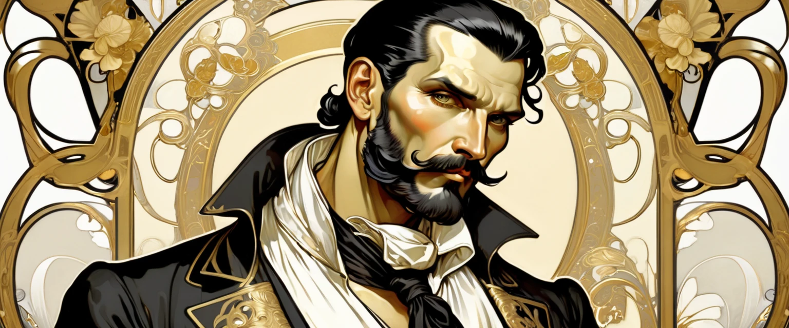 ccxl-mucha, Art style, gold and wite, retrato,elegant,A rude man with short slicked back black hair, elegant portrait,Blackbeard