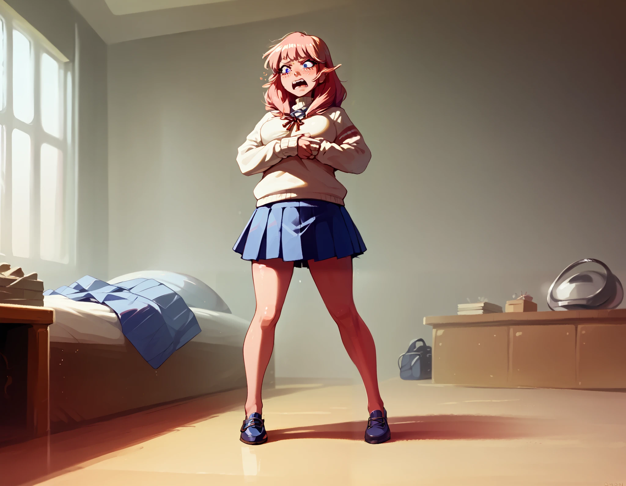 score_9, score_8_up, score_7_up, 1girl, ,(()) indoors, bedroom, , ((disgusted emotions)) school uniform, sweater, pleated skirt, (), (safe for work), (covered breasts), (spherical-inflation), (long legs), n4g4