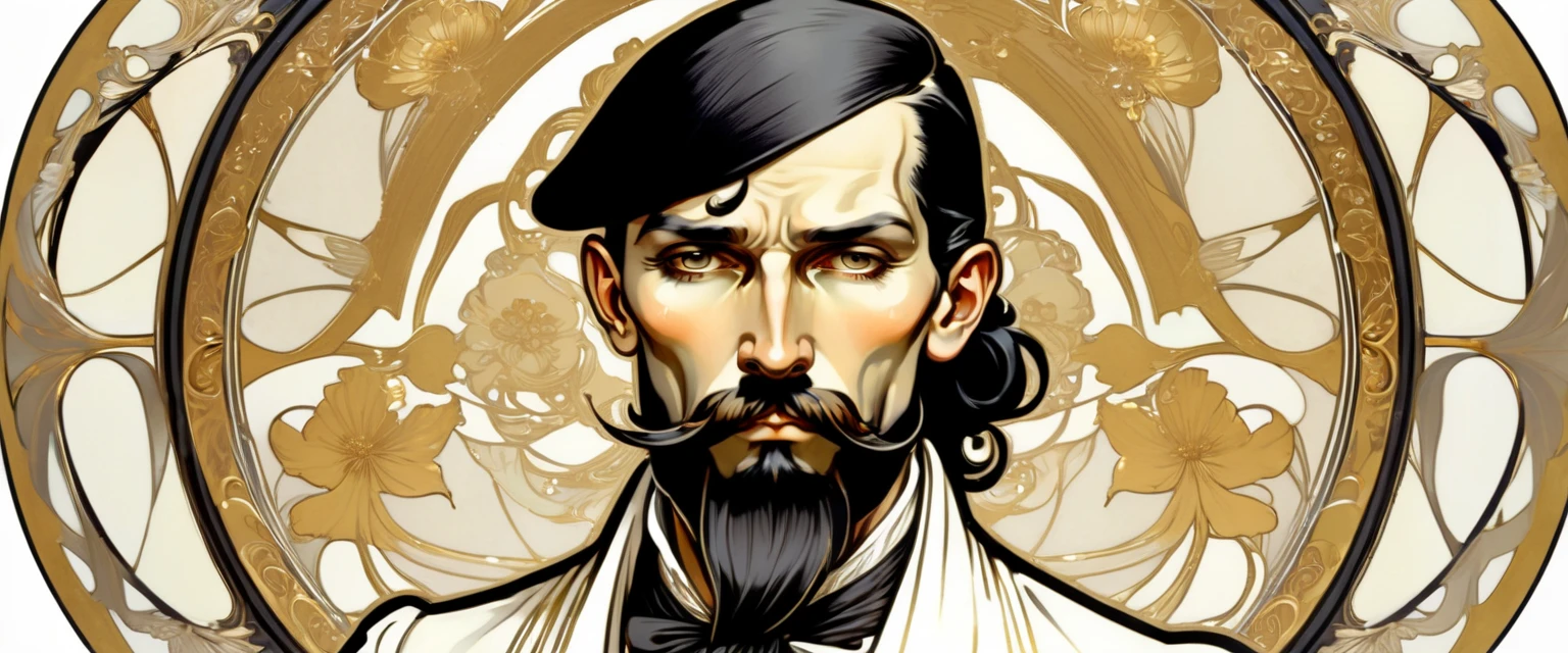 ccxl-mucha, Art style, gold and wite, retrato,elegant,A rude man with short slicked back black hair, elegant portrait,Blackbeard