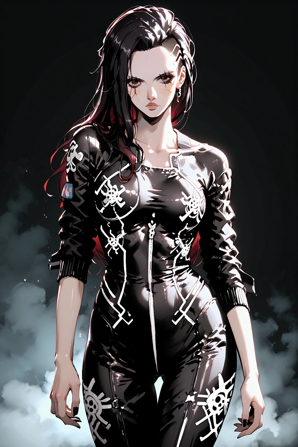 Cyberpunk, body suit, black and red, long hair, beautiful, 1 girl, punk hair,  one piece, showing thighs, black hair