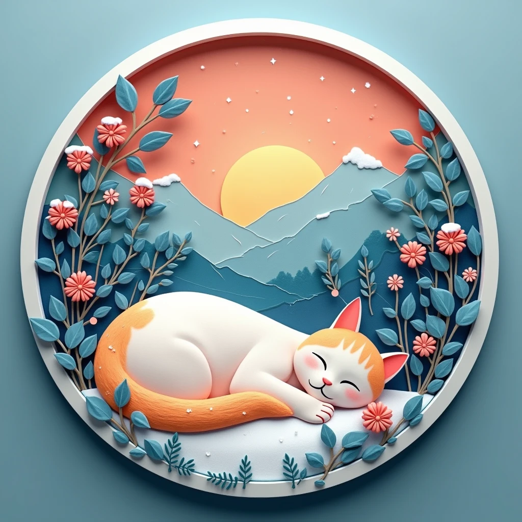  round relief ,  fusion of paper cutting and shadow painting,  image on multicolored construction paper , Anime-like cat that curls up and sleeps, Snowy landscape painting , Plants in the background, 2.5D,  Delicate and dynamic effects , Glitter Effect,  Fog filter effect , Artistic, Artistic photography,  surrenders, CG digital art