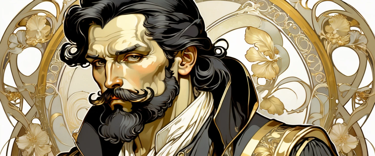 ccxl-mucha, Art style, gold and wite, retrato,elegant,A rude man with black hair, elegant portrait,Blackbeard