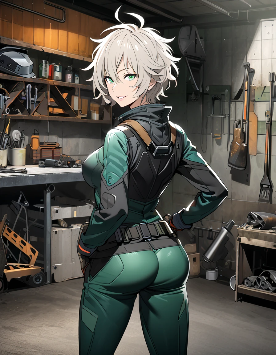 mature, looking at viewer, female, garage background, messy hair, short hair, parted lips, hair between eyes, ahoge, smile, standing, from behind, green eyes, body suit, belt with tools, welding mask on her hip, tall