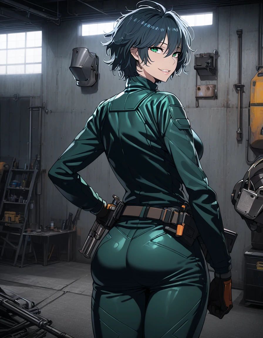 mature, looking at viewer, female, garage background, messy hair, short hair, parted lips, hair between eyes, ahoge, smile, standing, from behind, green eyes, body suit, belt with tools, welding mask on her hip, tall