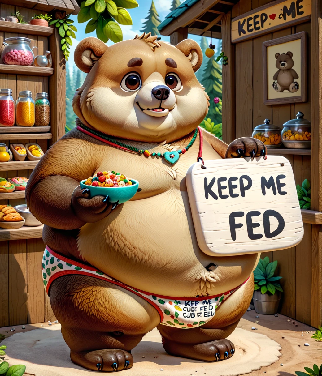 (cute, fat, obese, anthro, male, bear cub), DonMK33pM3F3dXL text "Keep me fed" , fullbody, briefs, standing, hires textures, highly detailed, intricate details, best quality, masterpiece