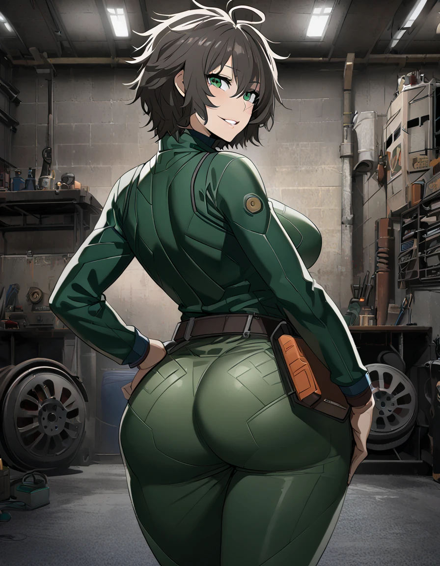 mature, looking at viewer, female, garage background, messy hair, short hair, parted lips, hair between eyes, ahoge, smile, standing, from behind, green eyes, body suit, belt with tools, welding mask on her hip, tall