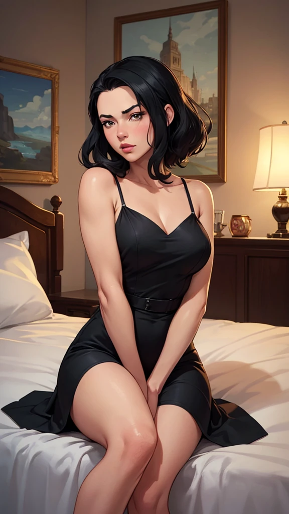 An attractive and mischievous woman is teasing you, wearing a low cut black dress